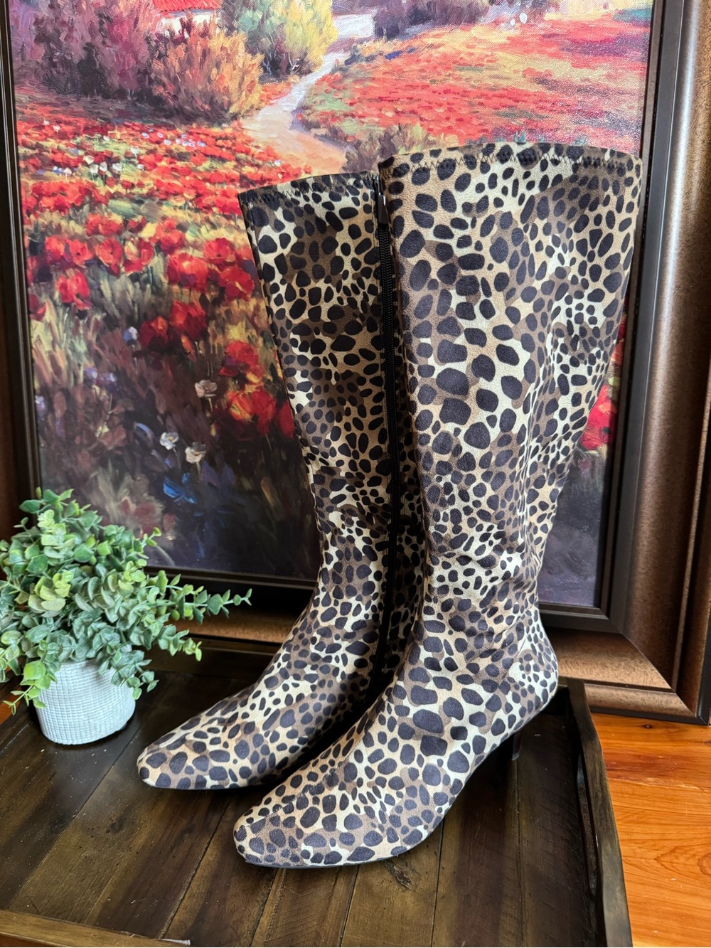 Impo Leopard-Print Knee-High Heeled Boots in Tan and Black